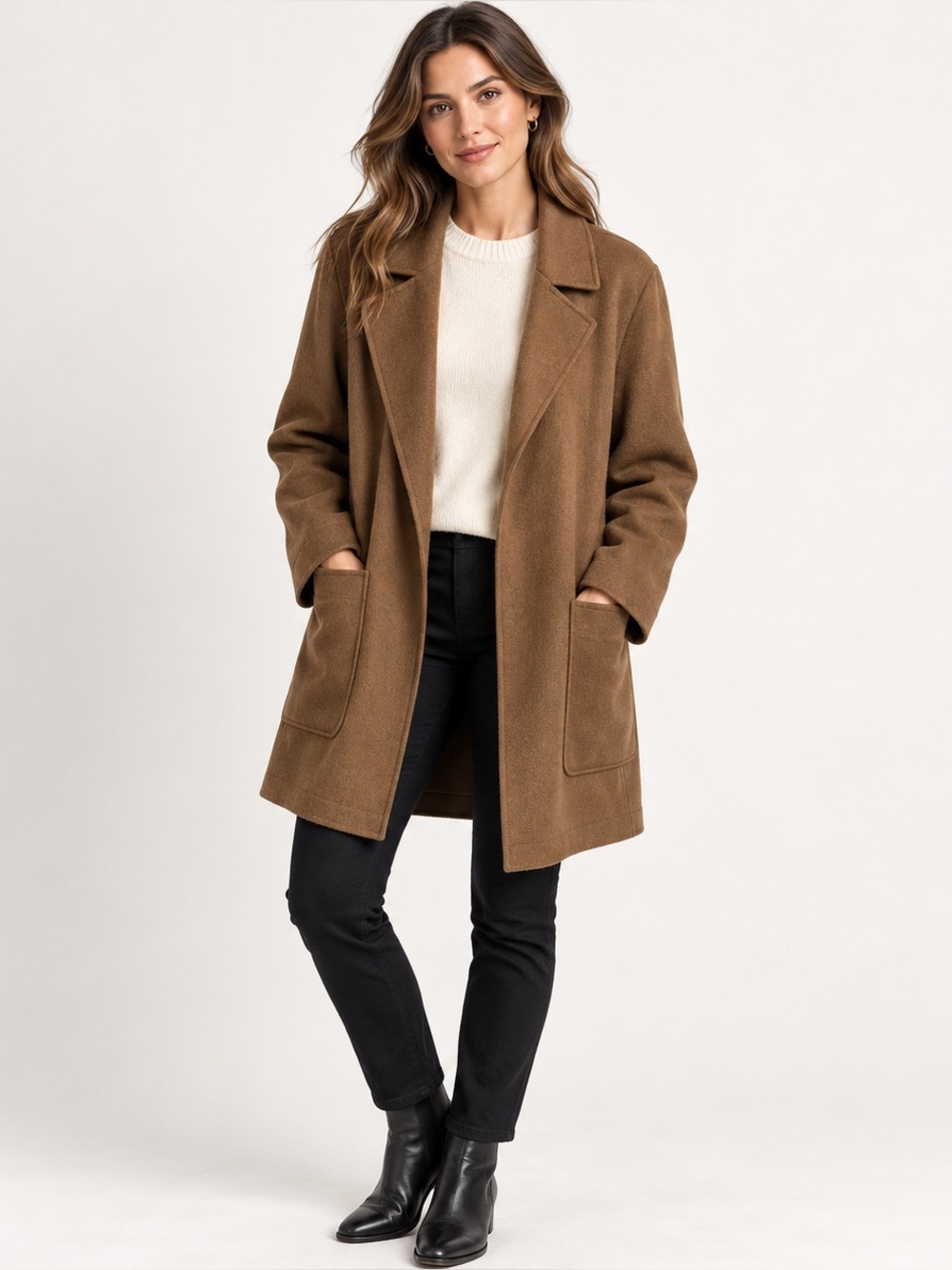 Theory Clairene Luxe New Divide Wool Cashmere Open Front Coat Cognac L
